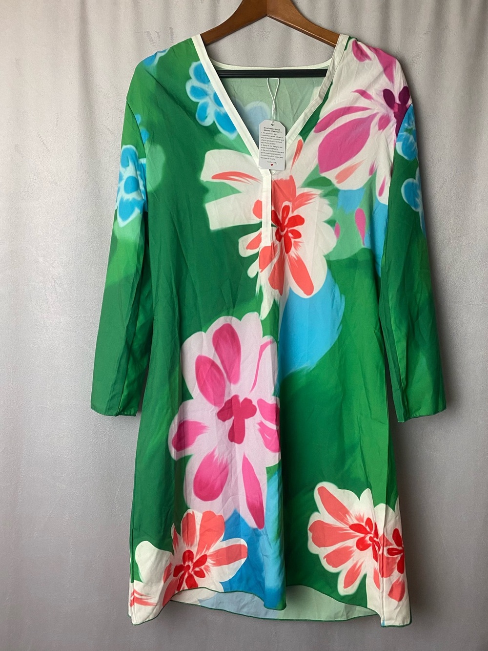 Derandy Green Floral V-Neck Tunic Dress Swim Cover Up Bold Multicolor Boho L